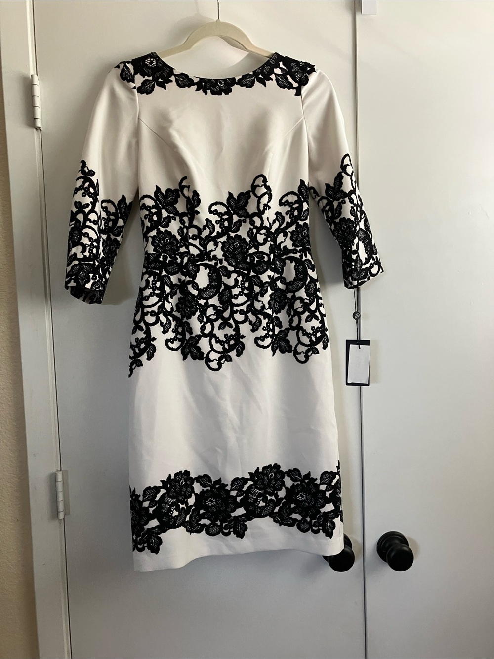 Adrianna Papell White Dress with Black Lace Appliqué